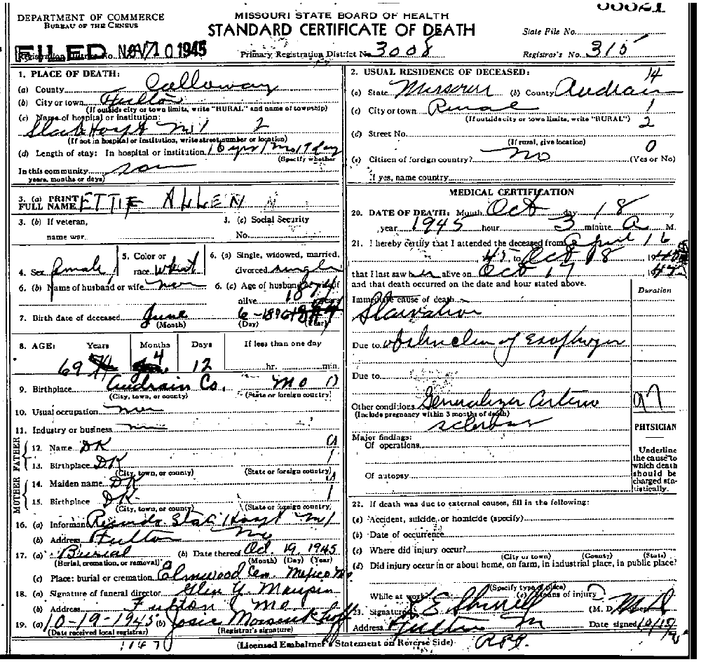 Death Certificate of Allen, Etta Martha