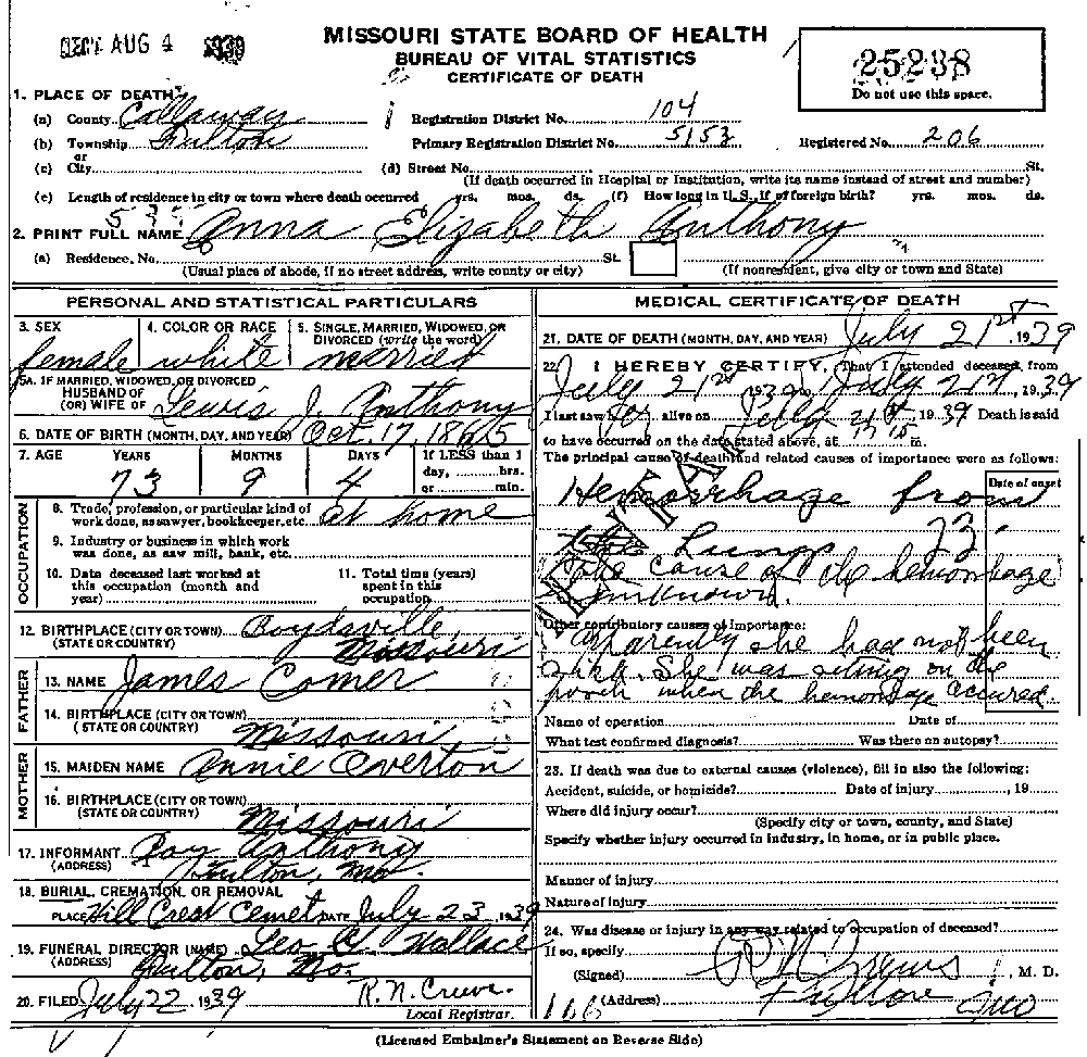 Death Certificate of Anthony, Anna Elizabeth Comer