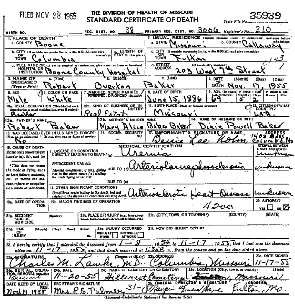 Death certificate of Baker, Robert Overton