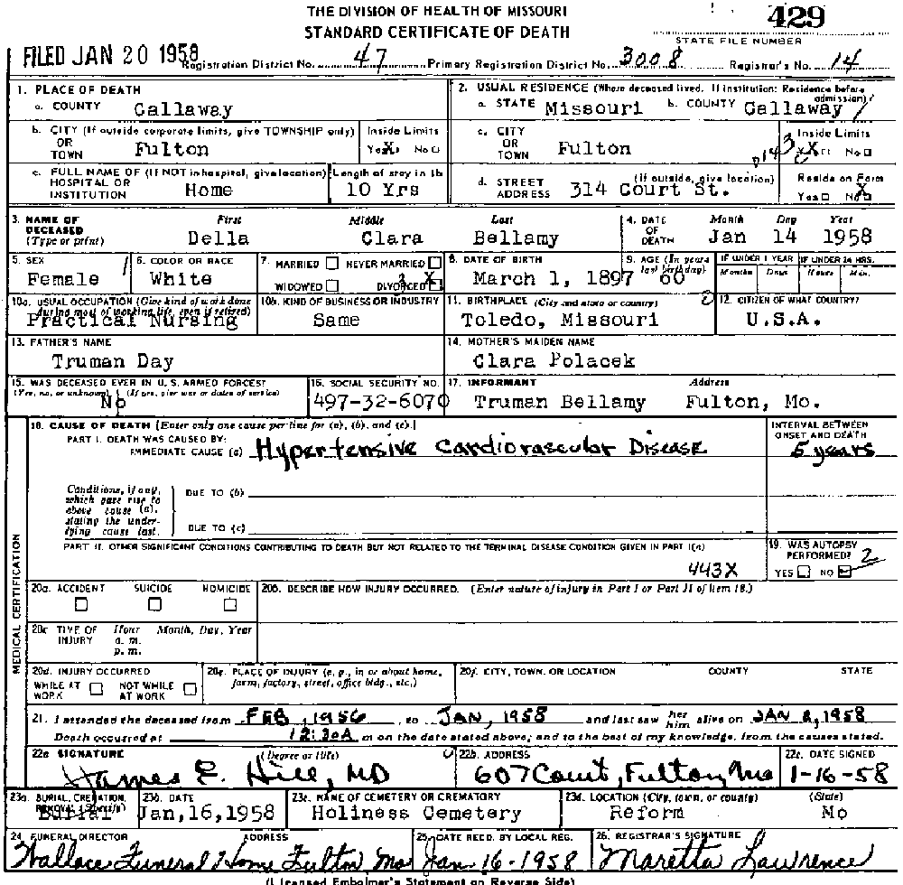 Death Certificate of Bellamy, Clara Della Day