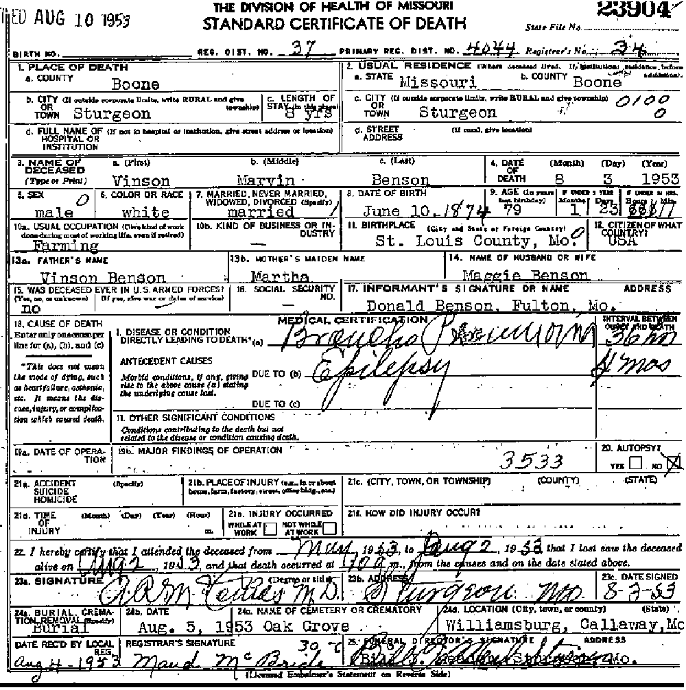 Death Certificate of Benson, Marvin Vinson