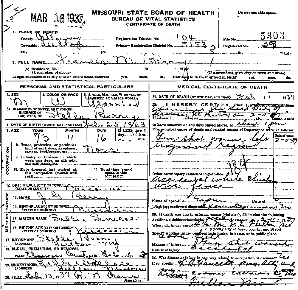 Death Certificate of Berry, Francis M.