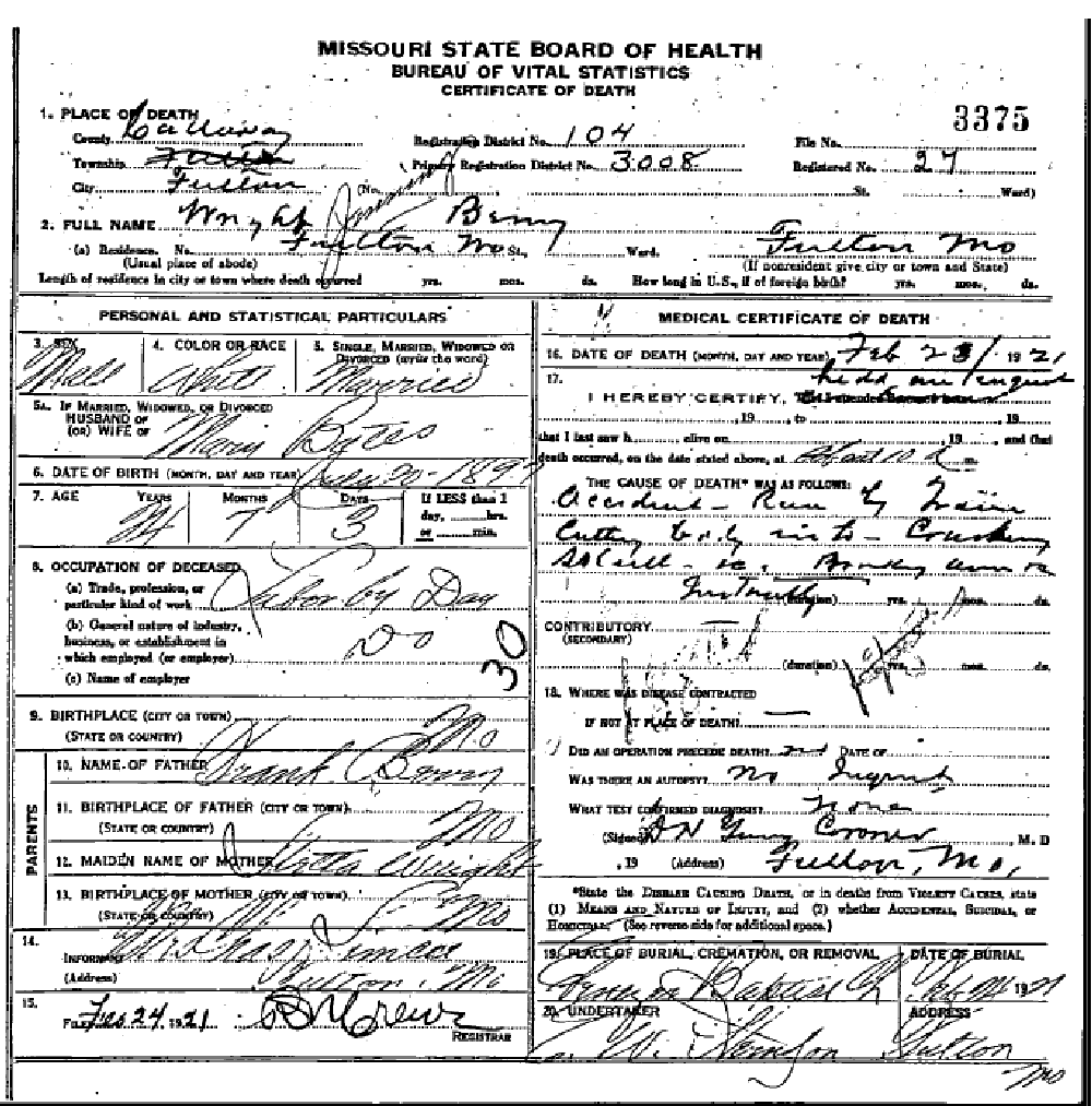 Death certificate of Berry, Wright J.