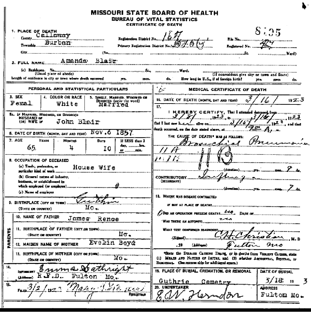 Death certificate of Blair, Amanda J. Renoe