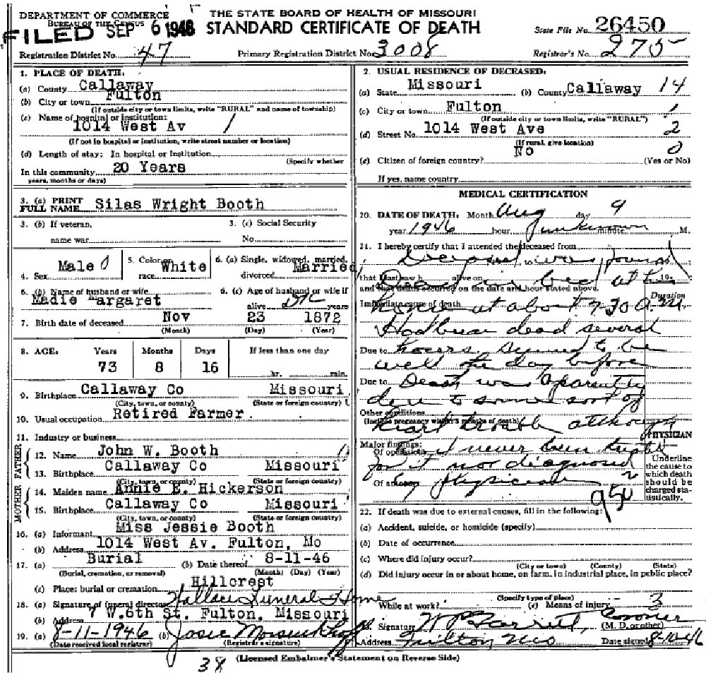 Death certificate of Booth, Silas Wright