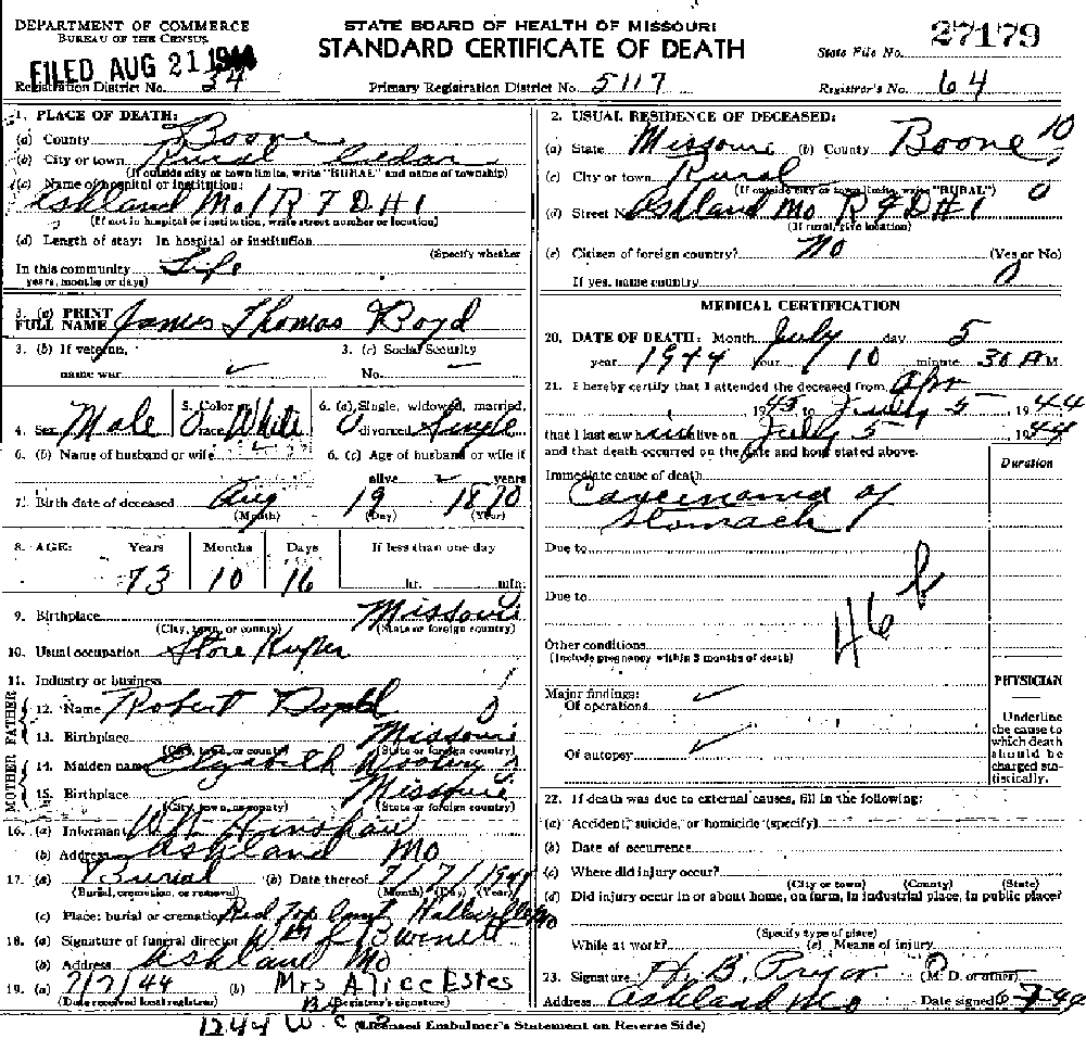 Death Certificate of Boyd, James Thomas