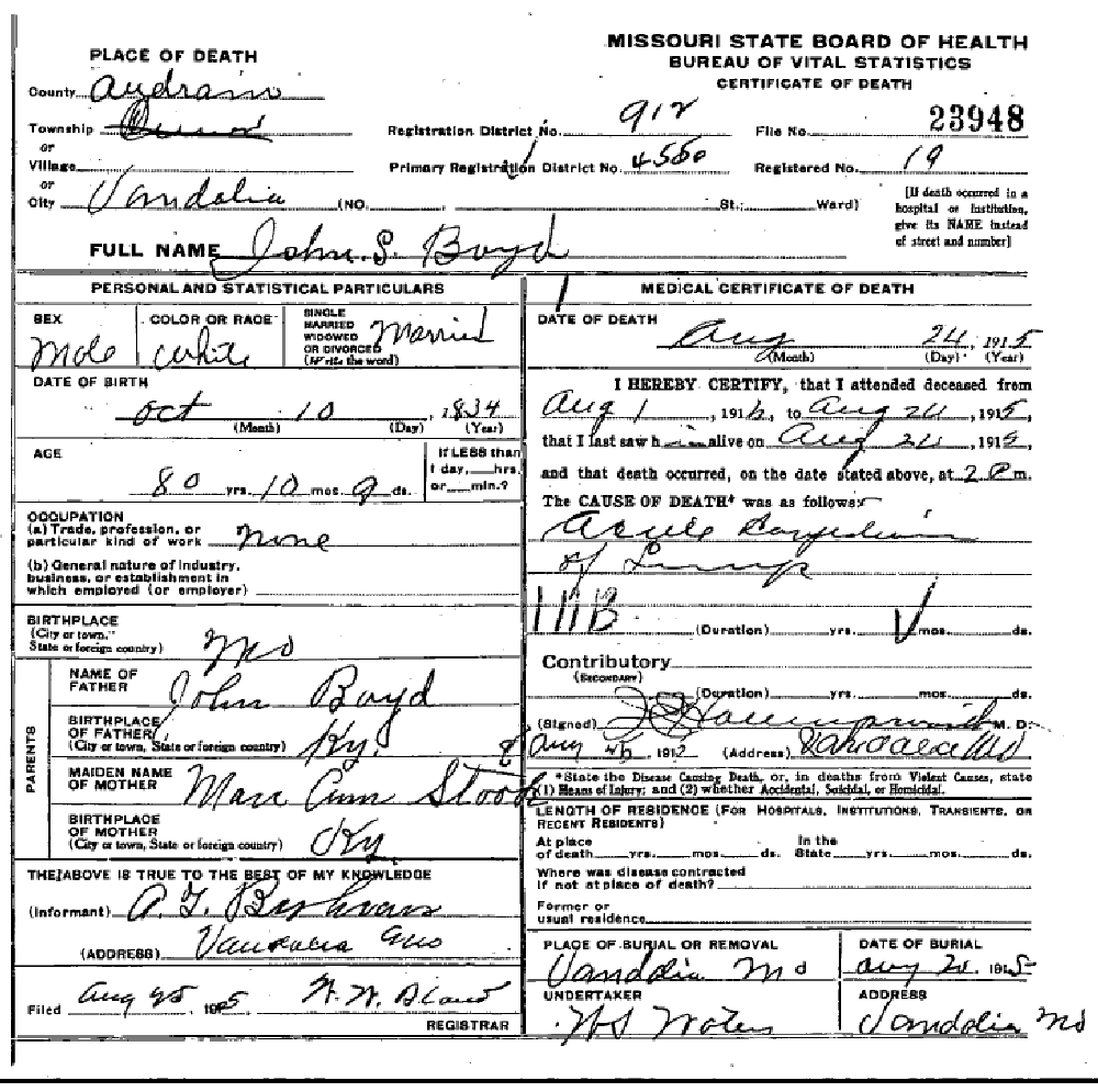 Death certificate of Boyd, John S.