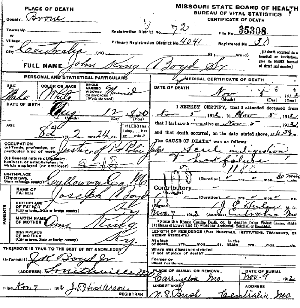 Death certificate of Boyd, John King Sr.