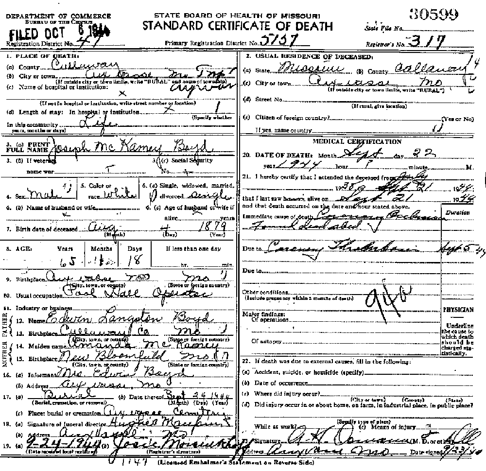 Death Certificate of Boyd, Joseph Mckamey