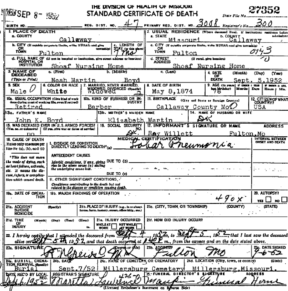 Death certificate of Boyd, Noah Martin
