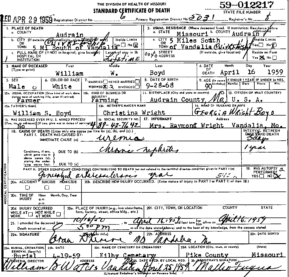 Death Certificate of Boyd, William W.