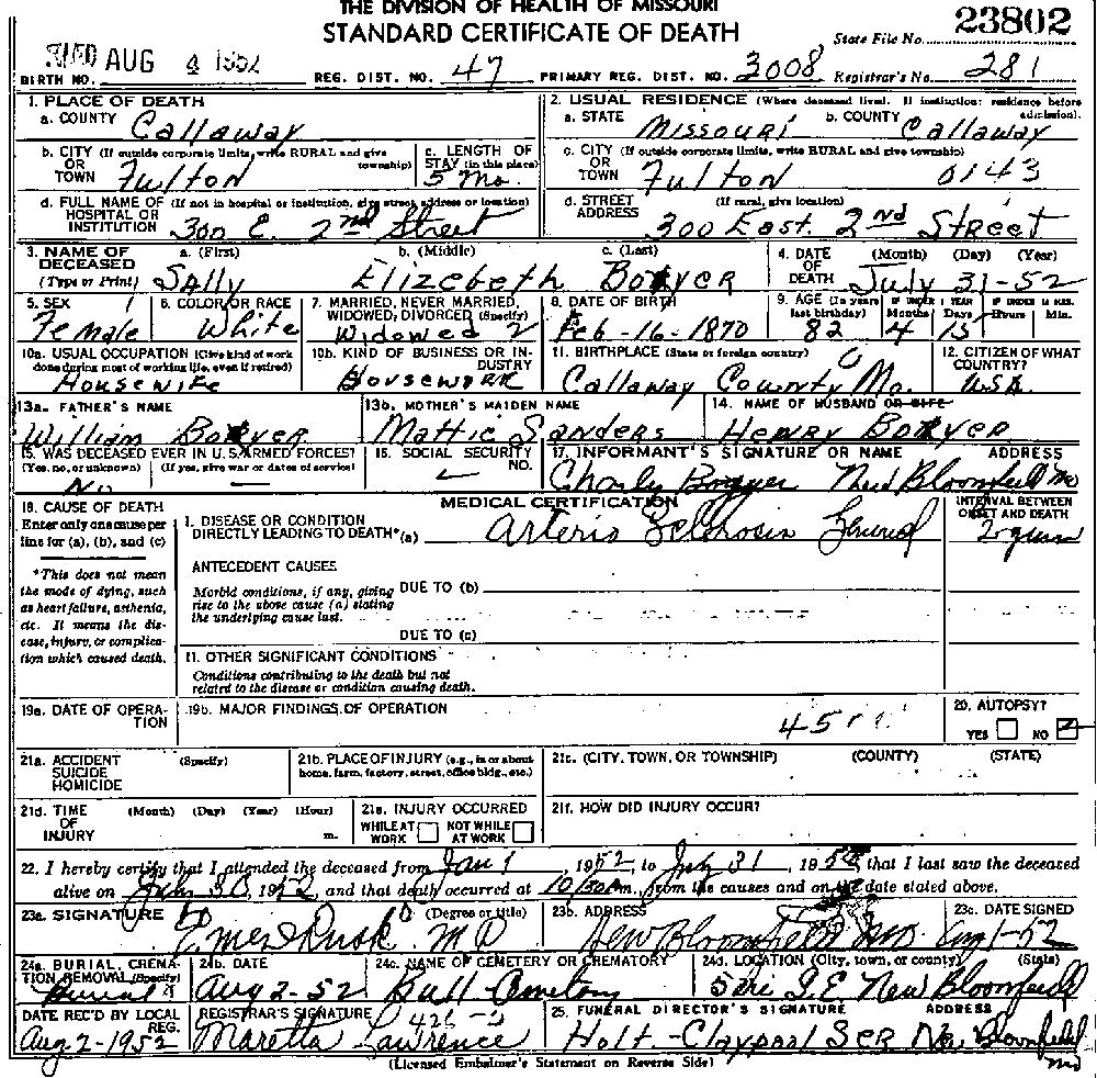 Death Certificate of Boyer, Sally Elizabeth Farmer