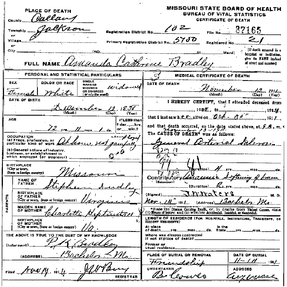 Death Certificate of Bradley, Amanda Catherine Dudley Day