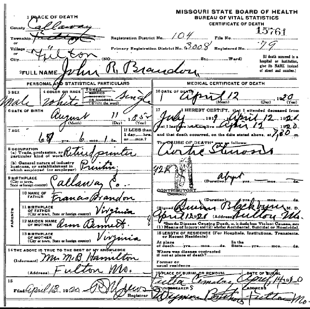Death certificate of Brandon, John R.