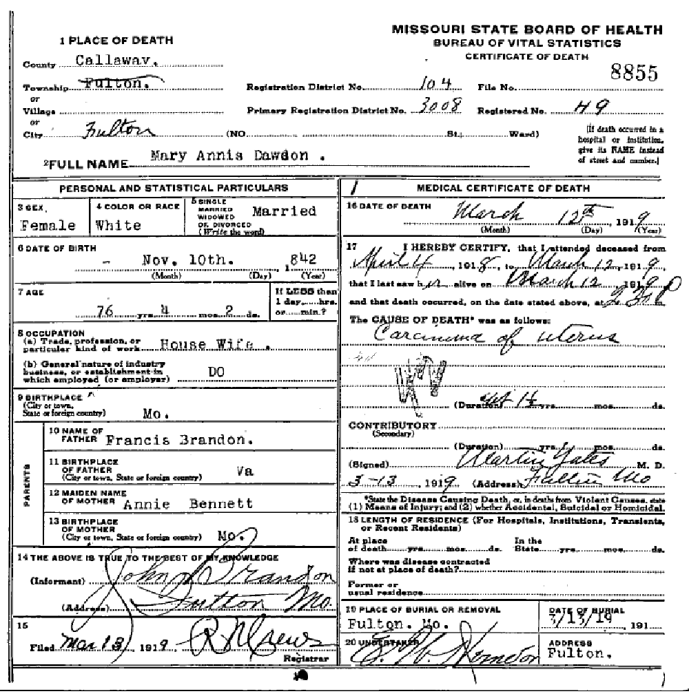 Death certificate of Dawson, Mary Annis Brandon