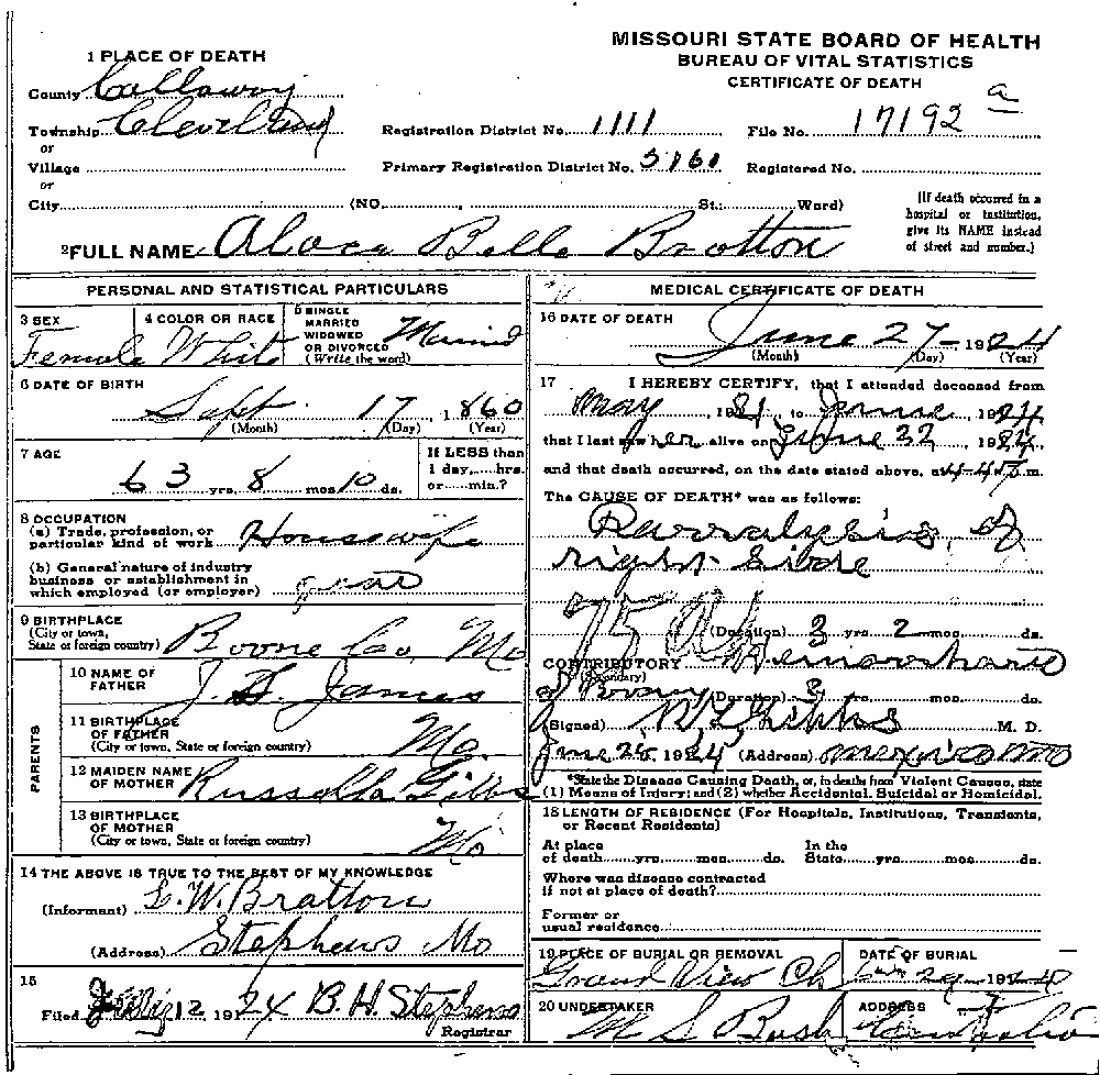 Death Certificate of Bratton, Alice Belle James