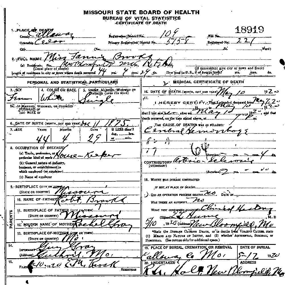 Death Certificate of Brooks, Frances M.