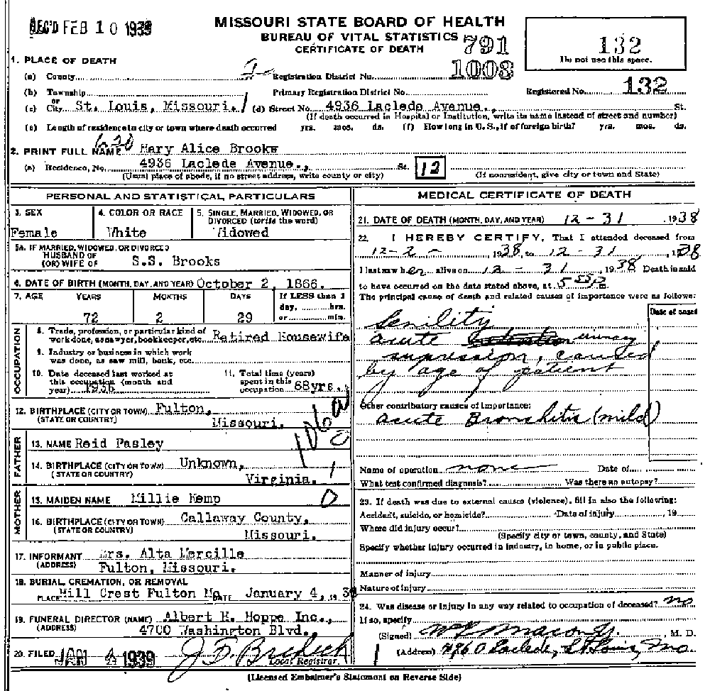 Death Certificate of Brooks, Mary Alice Pasley