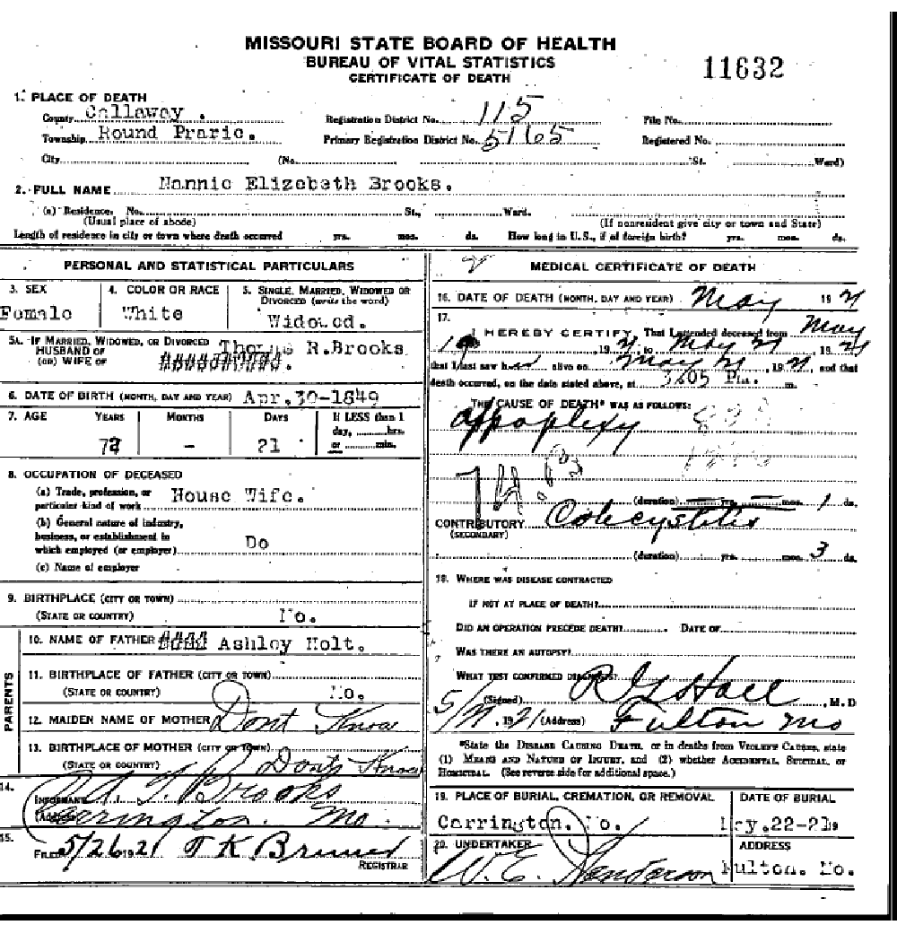 Death certificate of Brooks, Nancy Elizabeth Holt