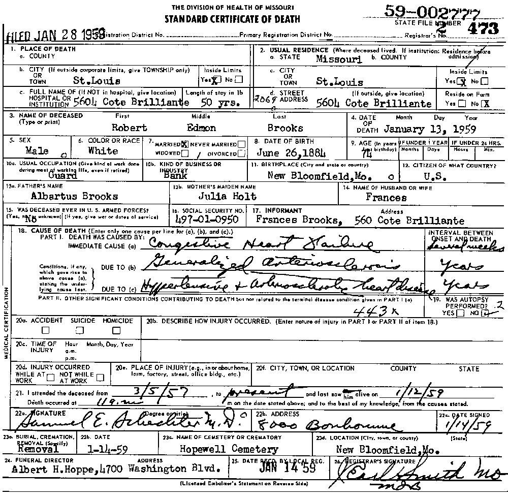 Death Certificate of Brooks, Robert Edmon