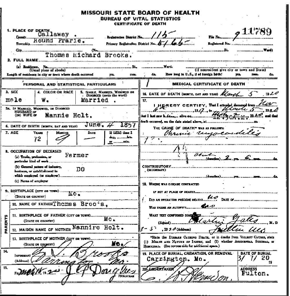 Death certificate of Brooks, Thomas Richard