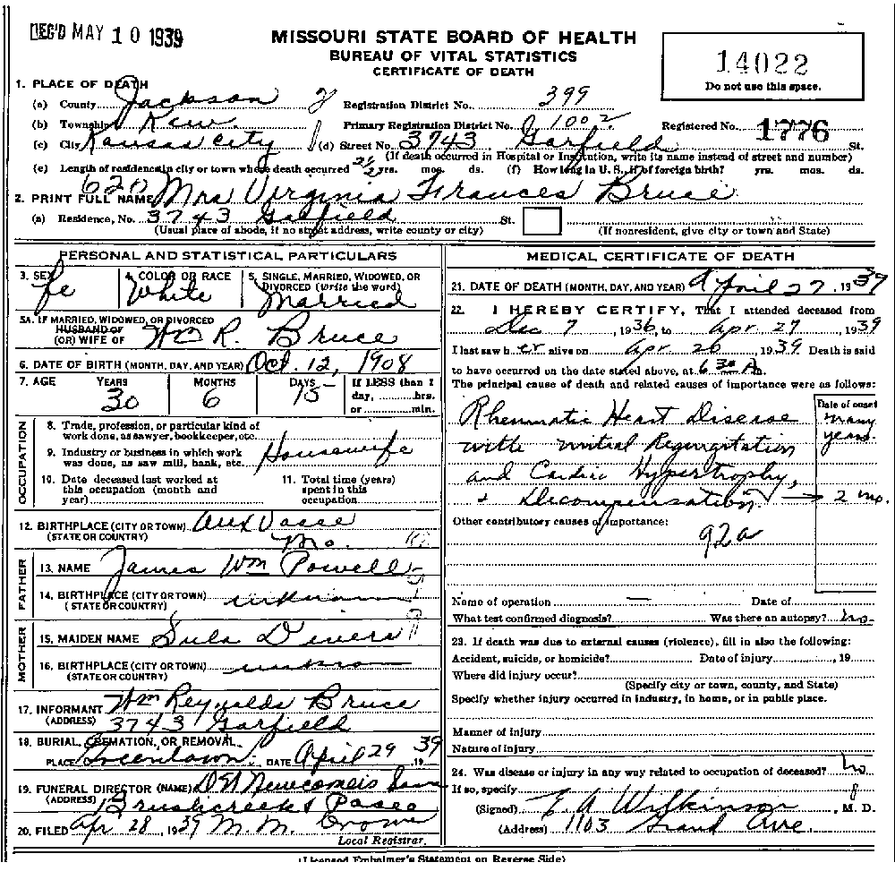 Death Certificate of Bruce, Virginia Frances Powell