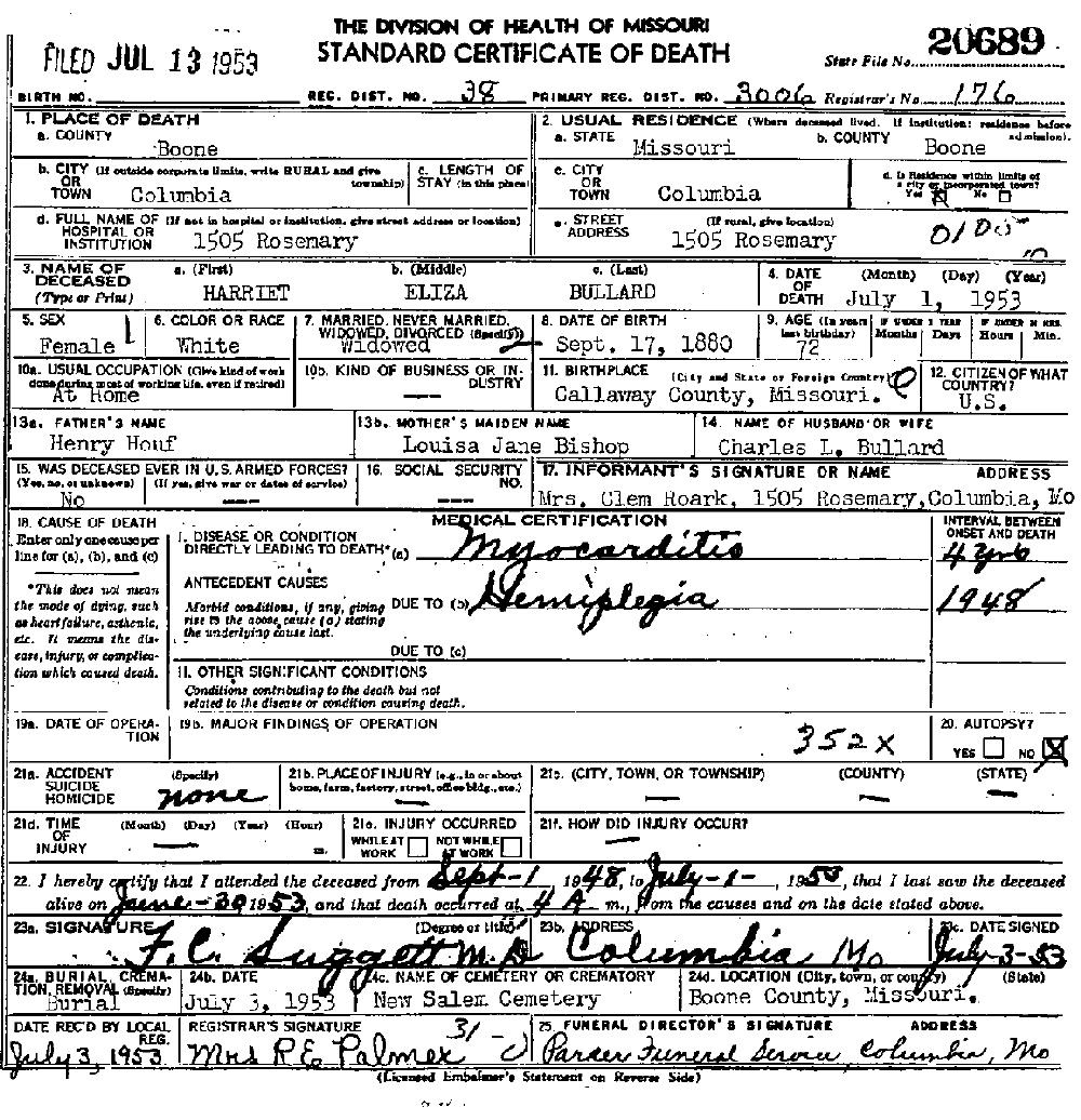 Death Certificate of Bullard, Harriet Eliza Houf