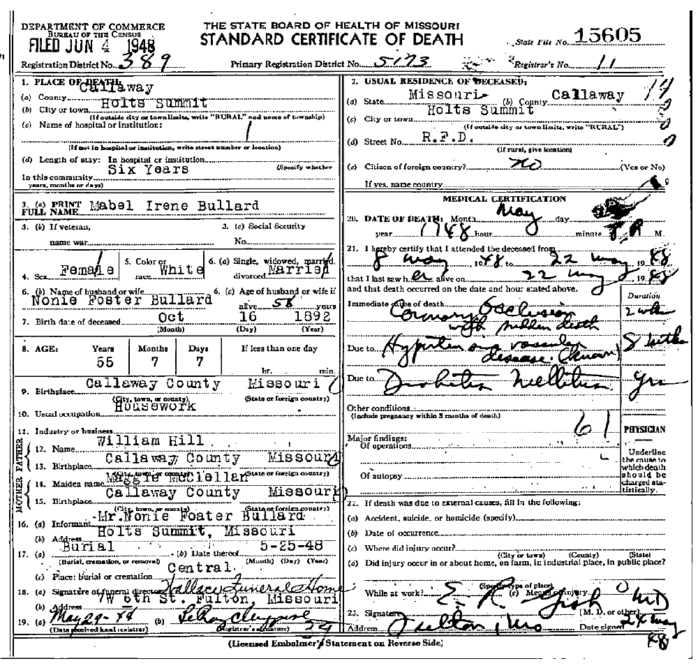 Death Certificate of Bullard, Mabel Irene Hill