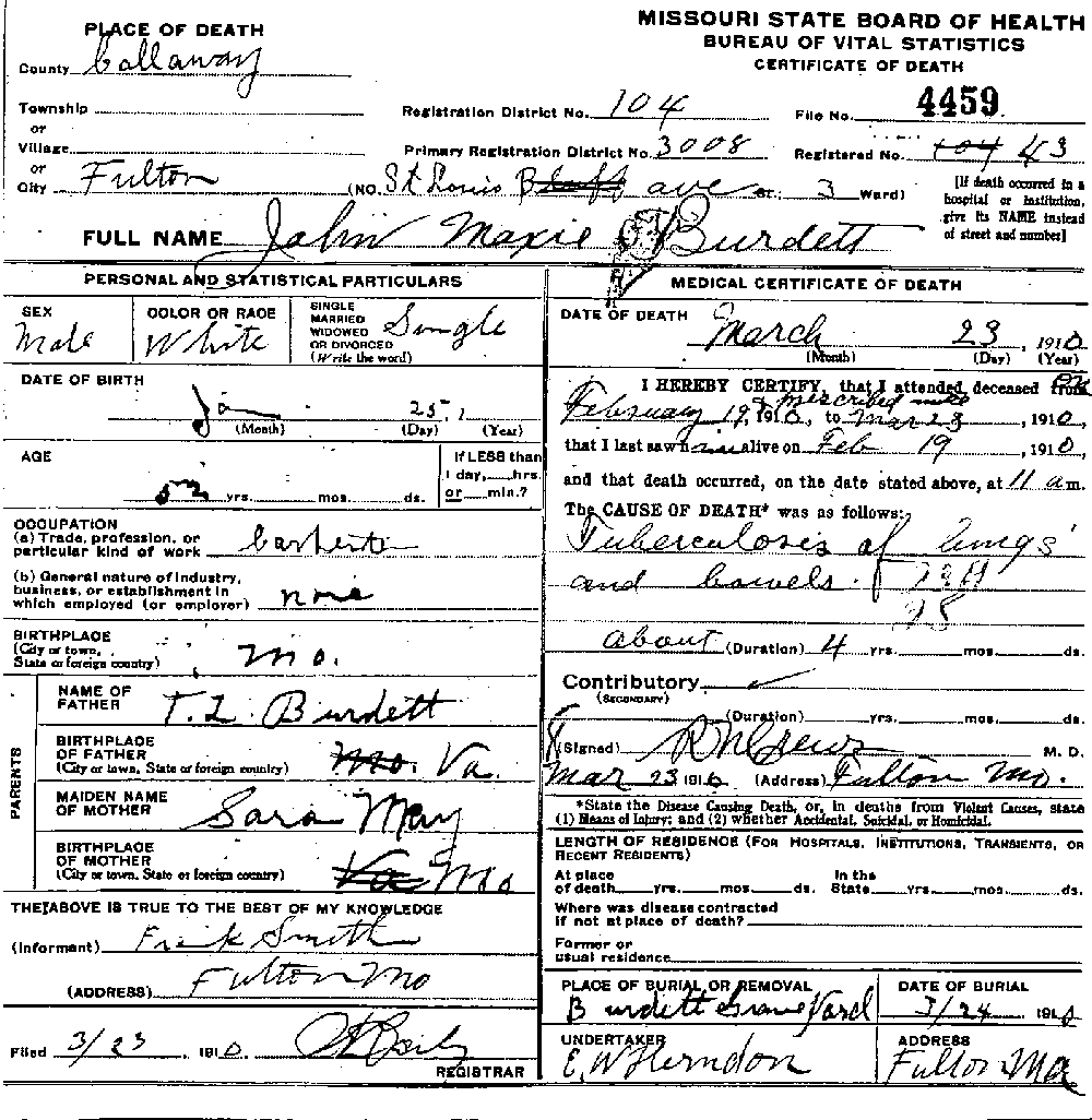 Death Certificate of Burdett, John Maxie