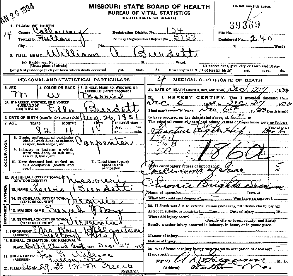 Death Certificate of Burdett, William A.