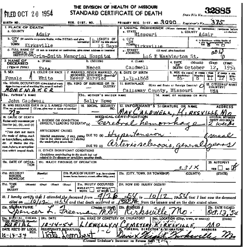 Death certificate of Caldwell, Etta Mecca