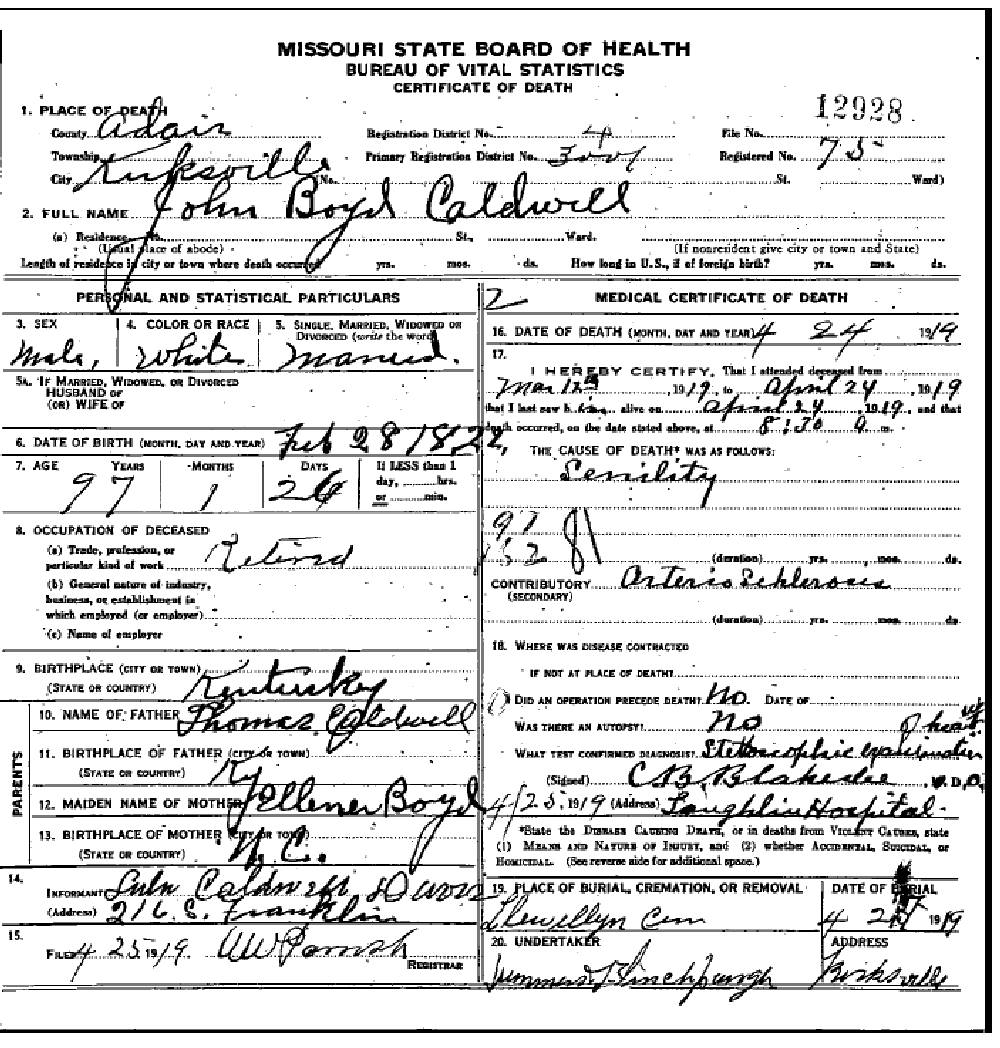 Death certificate of Caldwell, John Boyd
