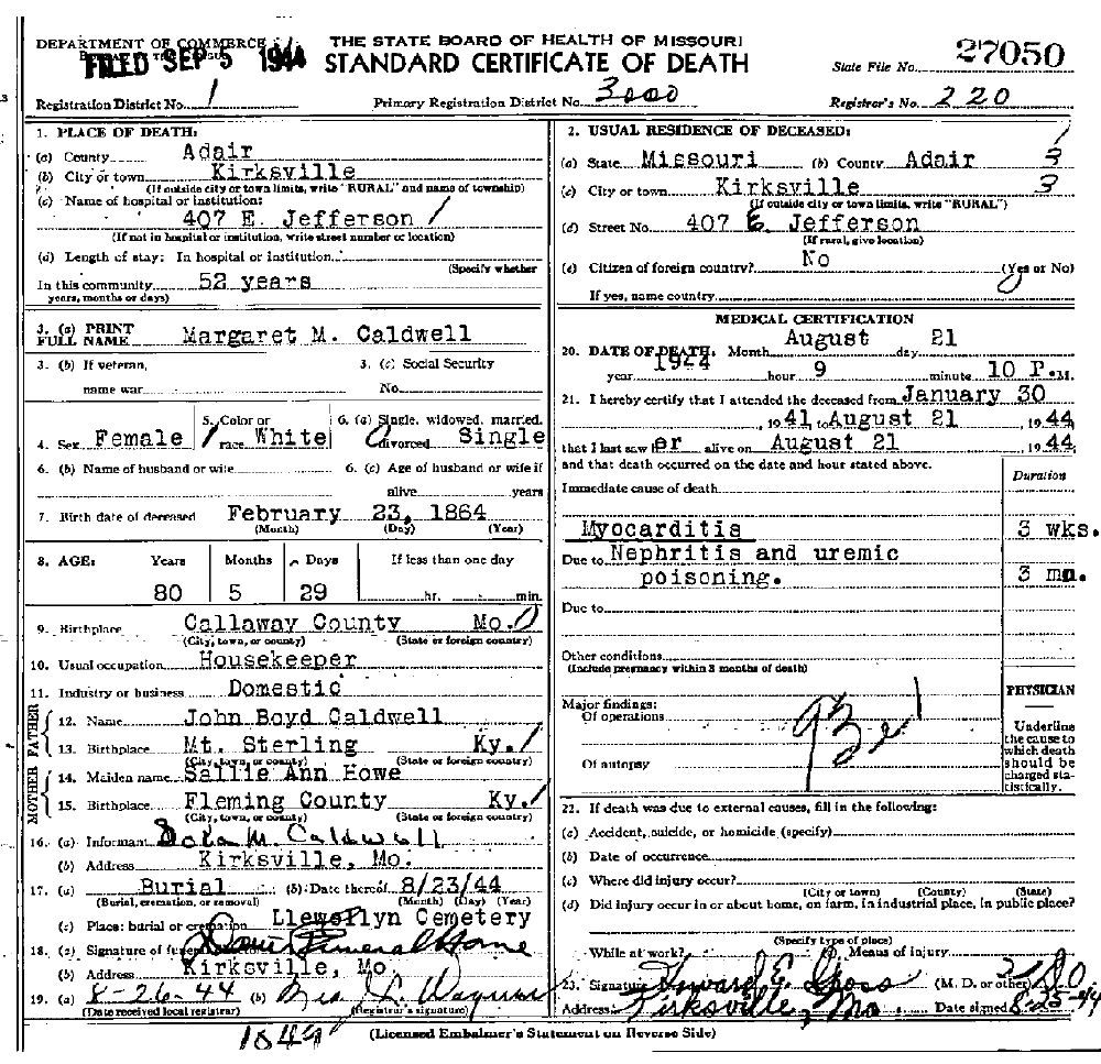 Death Certificate of Caldwell, Margaret Minerva