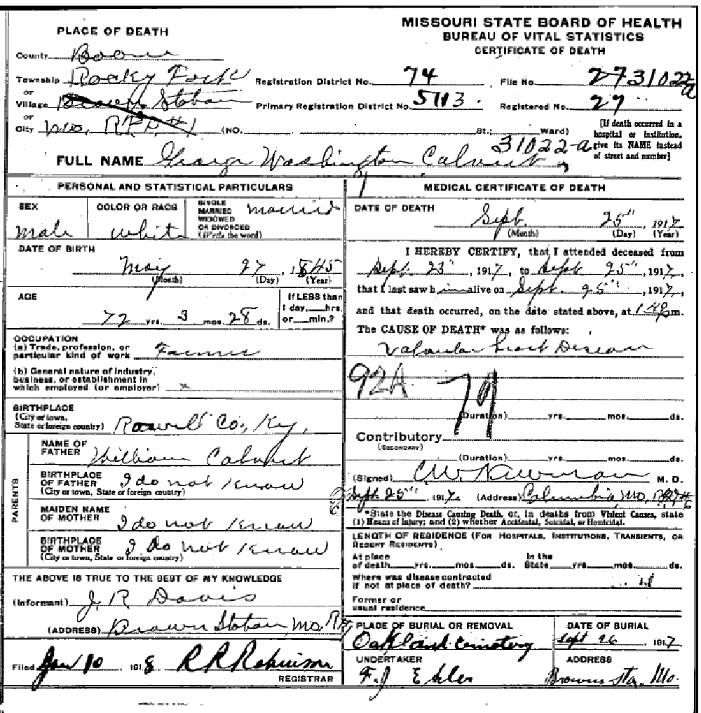 Death certificate of Calvert, George Washington