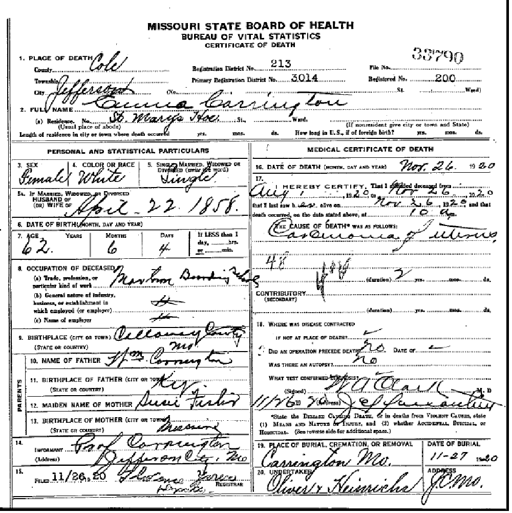 Death certificate of Carrington, Emma Fisher