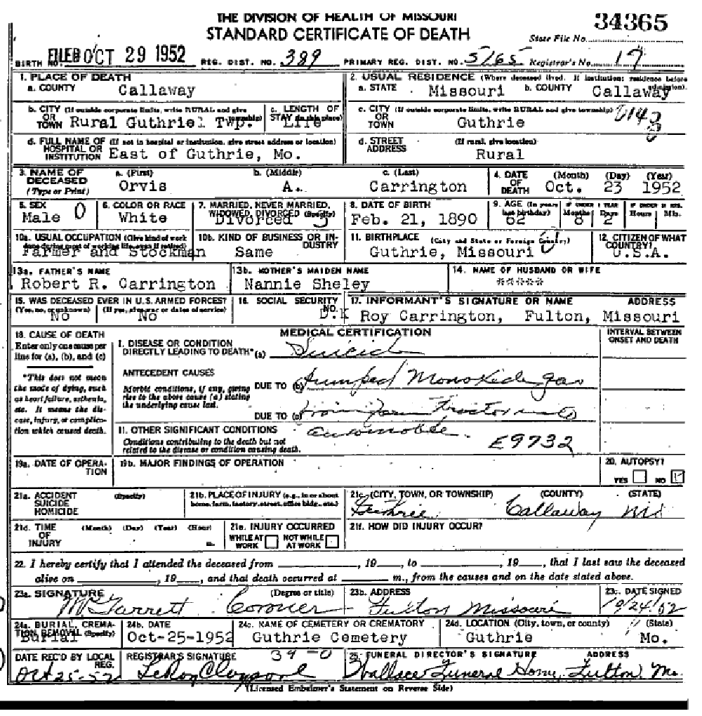 Death certificate of Carrington, Orvis Alexander