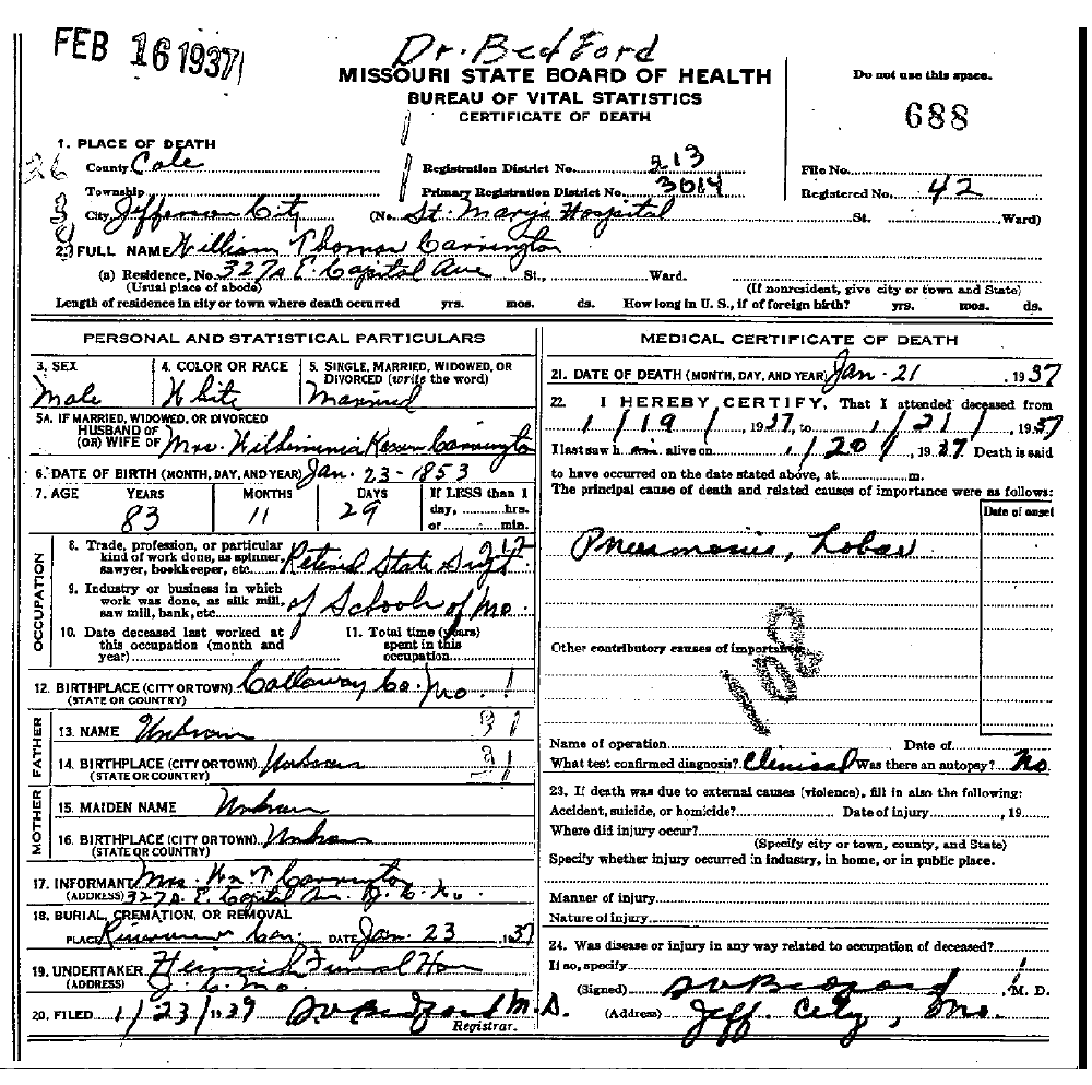 Death Certificate of Carrington, William T.
