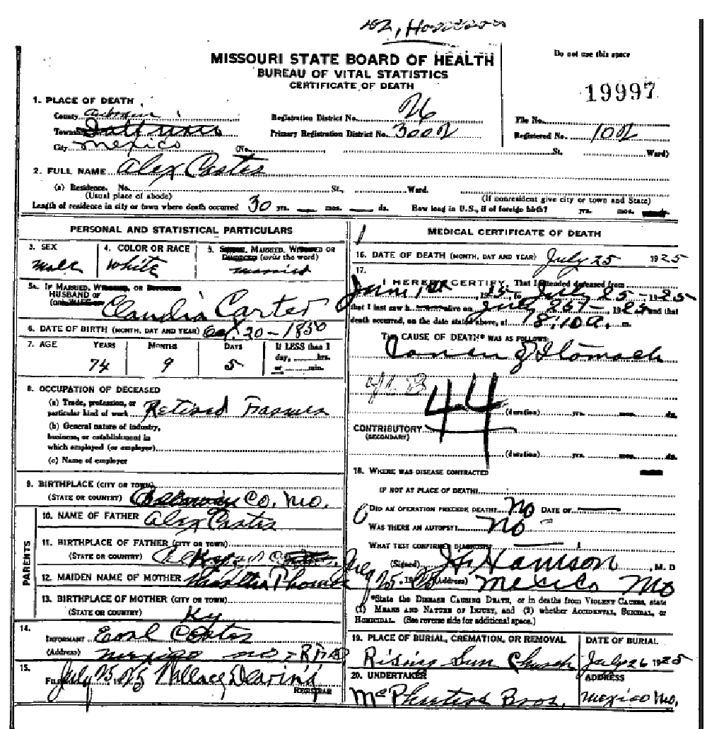 Death certificate of Carter, Alexander Jr.