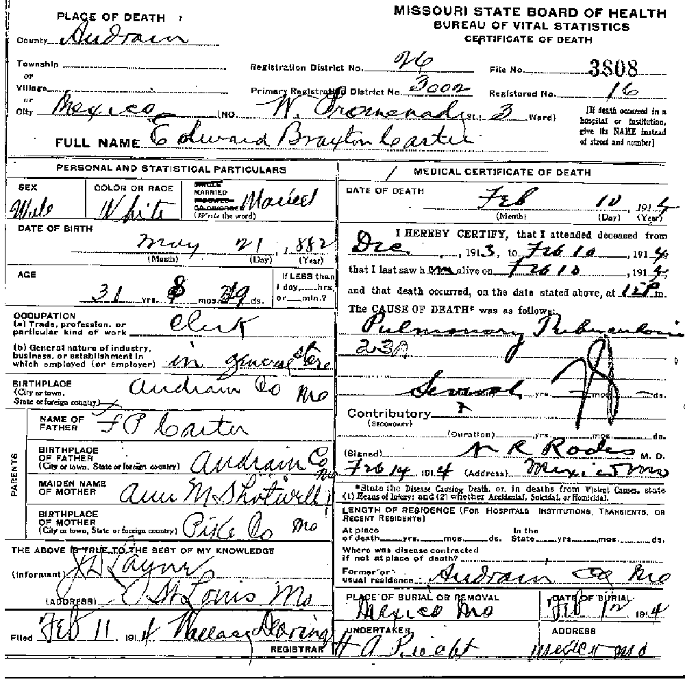 Death Certificate of Carter, Edward Braxton