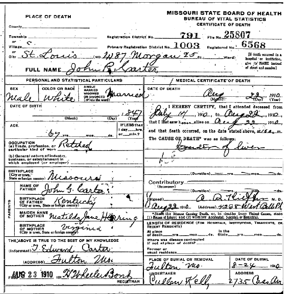 Death certificate of Carter, John Robert