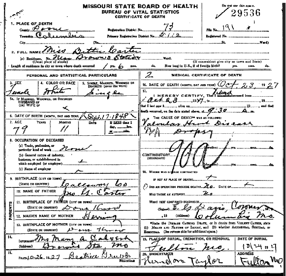 Death certificate of Carter, Martha Elizabeth