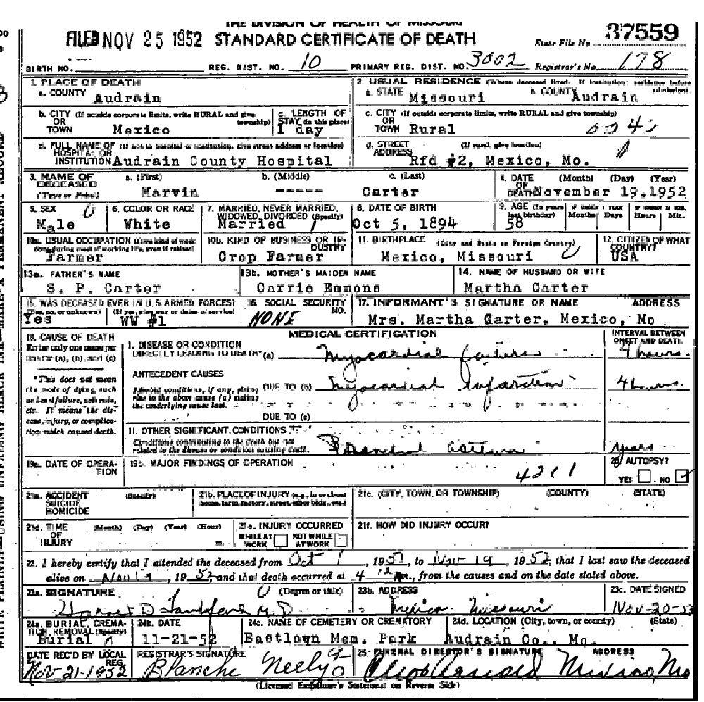 Death certificate of Carter, Marvin E.