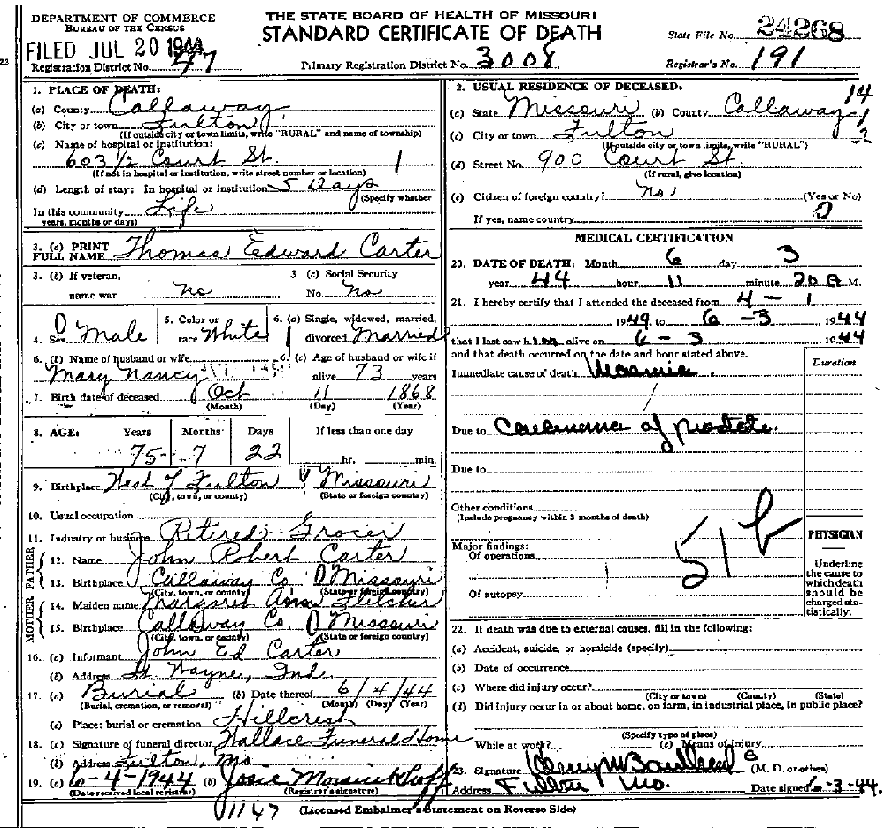 Death Certificate of Carter, Thomas Edward