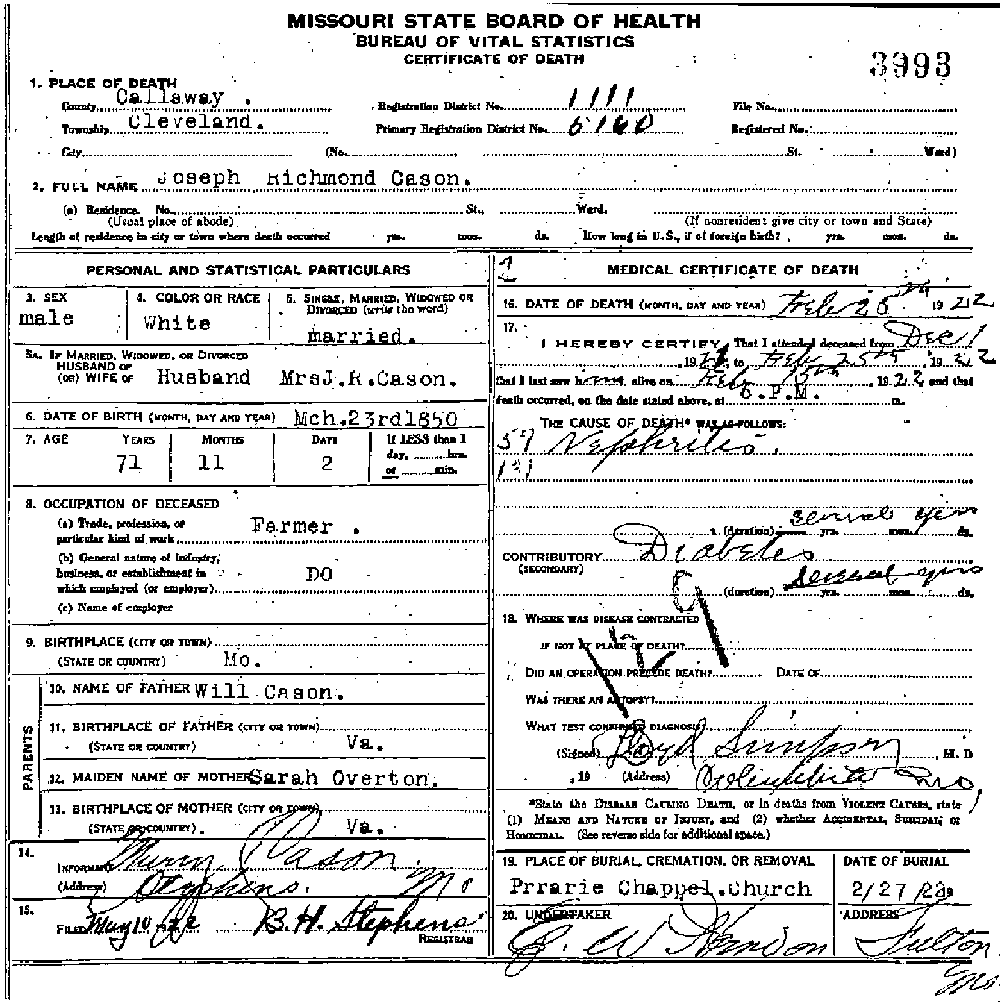 Death Certificate of Cason, Joseph Richmond