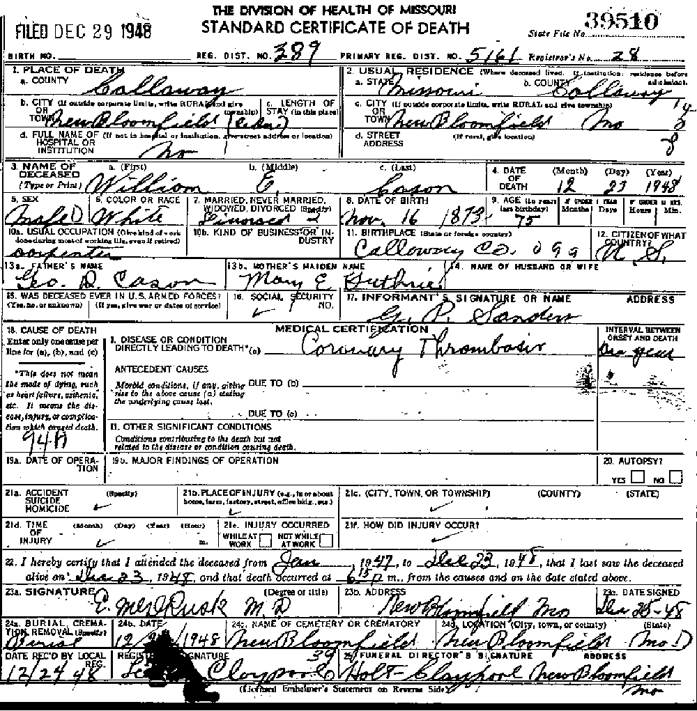 Death Certificate of Cason, William E.