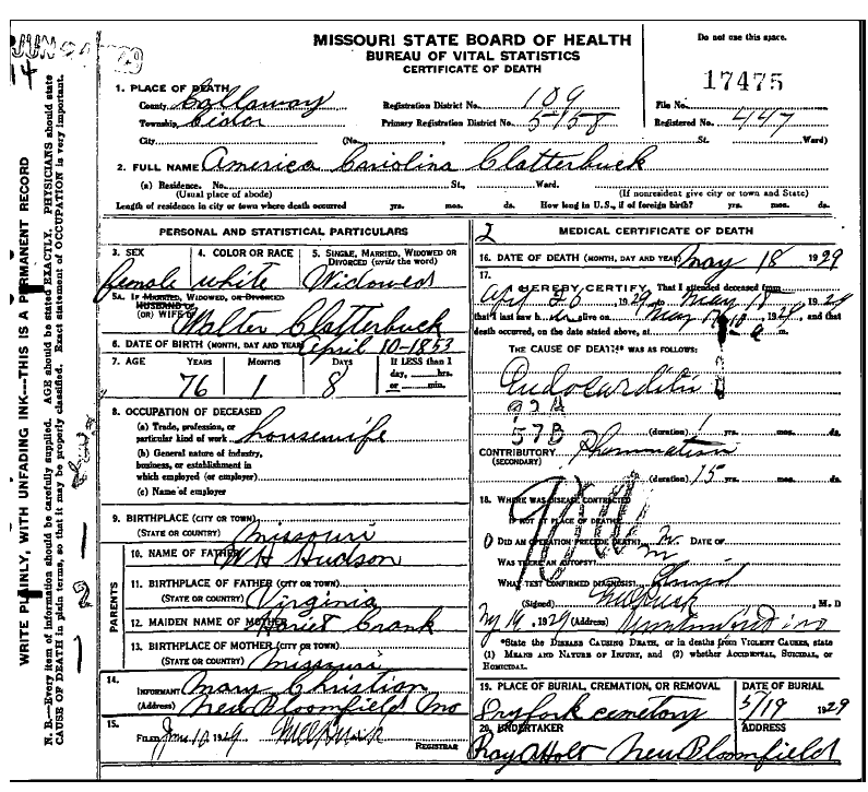 Death certificate of Clatterbuck, America Cariolina Hudson