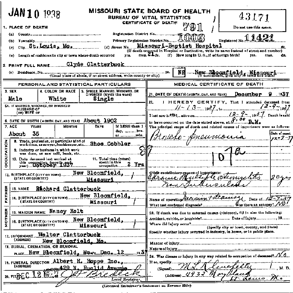 Death Certificate of Clatterbuck, Clyde Erastus