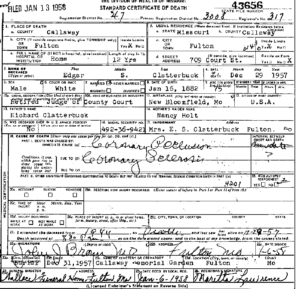 Death Certificate of Clatterbuck, Edgar Sidney