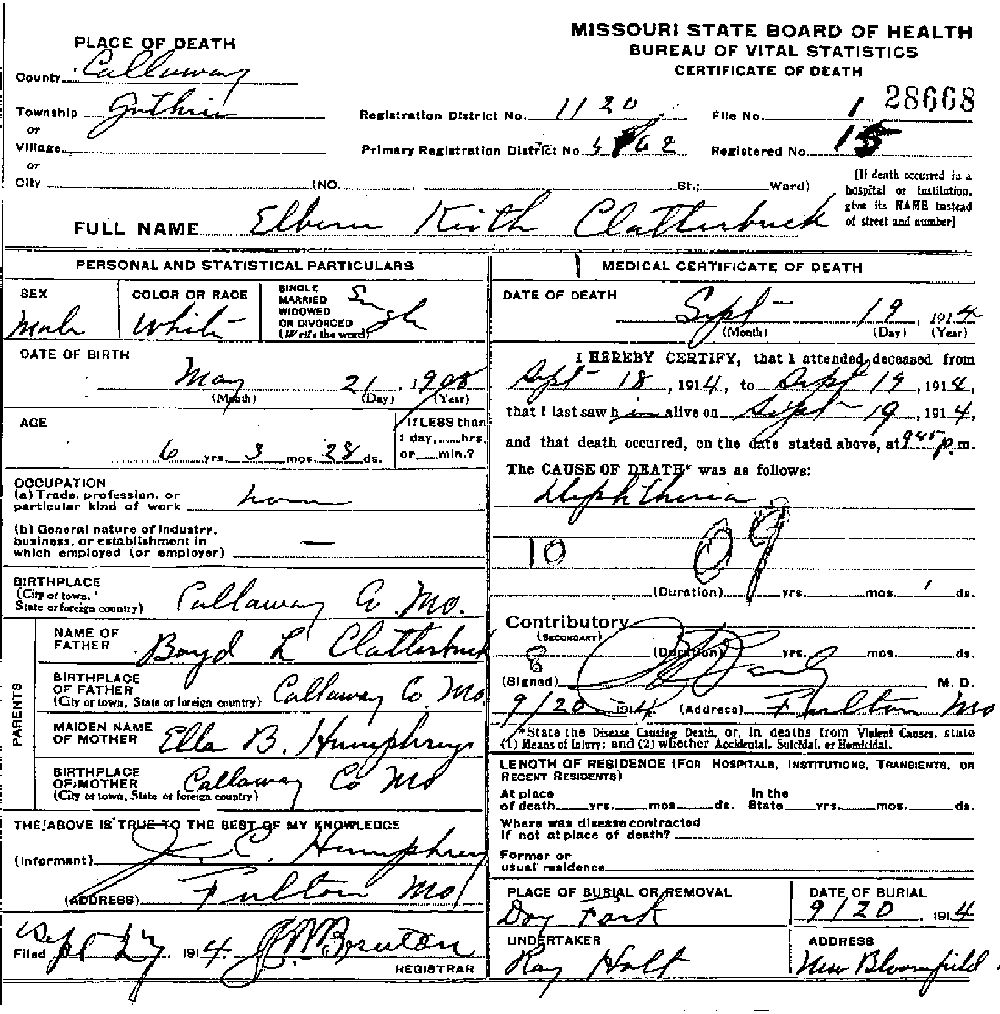 Death Certificate of Clatterbuck, Elbern Keith