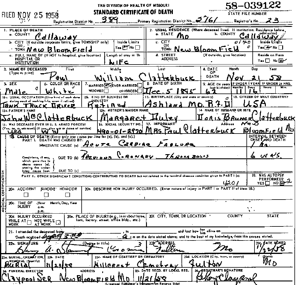 Death Certificate of Clatterbuck, Paul William